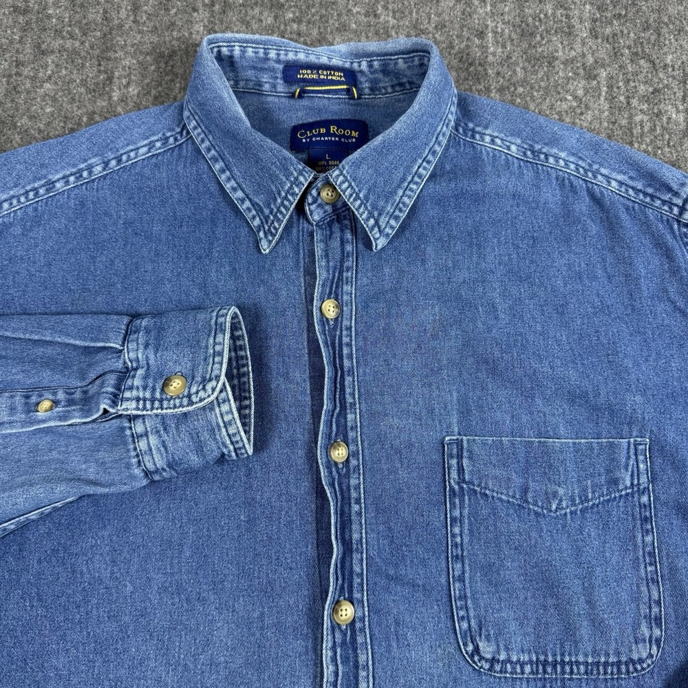 Club Room Men's Denim Shirt Size L Blue 100% Cotton Long Sleeve